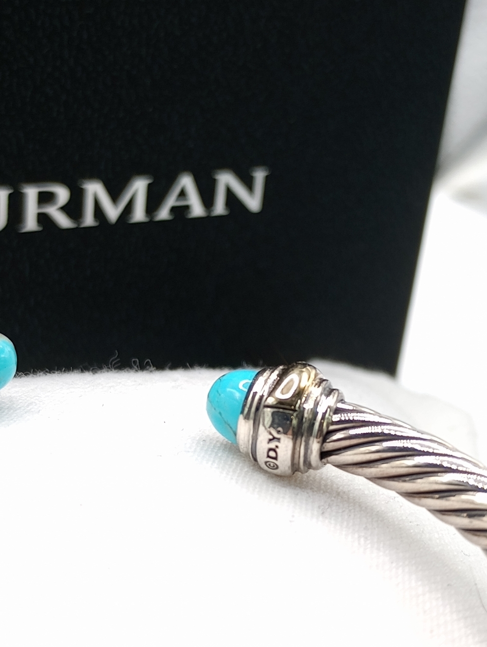 David Yurman 5 mm Silver Cable Cuff with Turquoise and Gold Accents - Picture 12 of 12